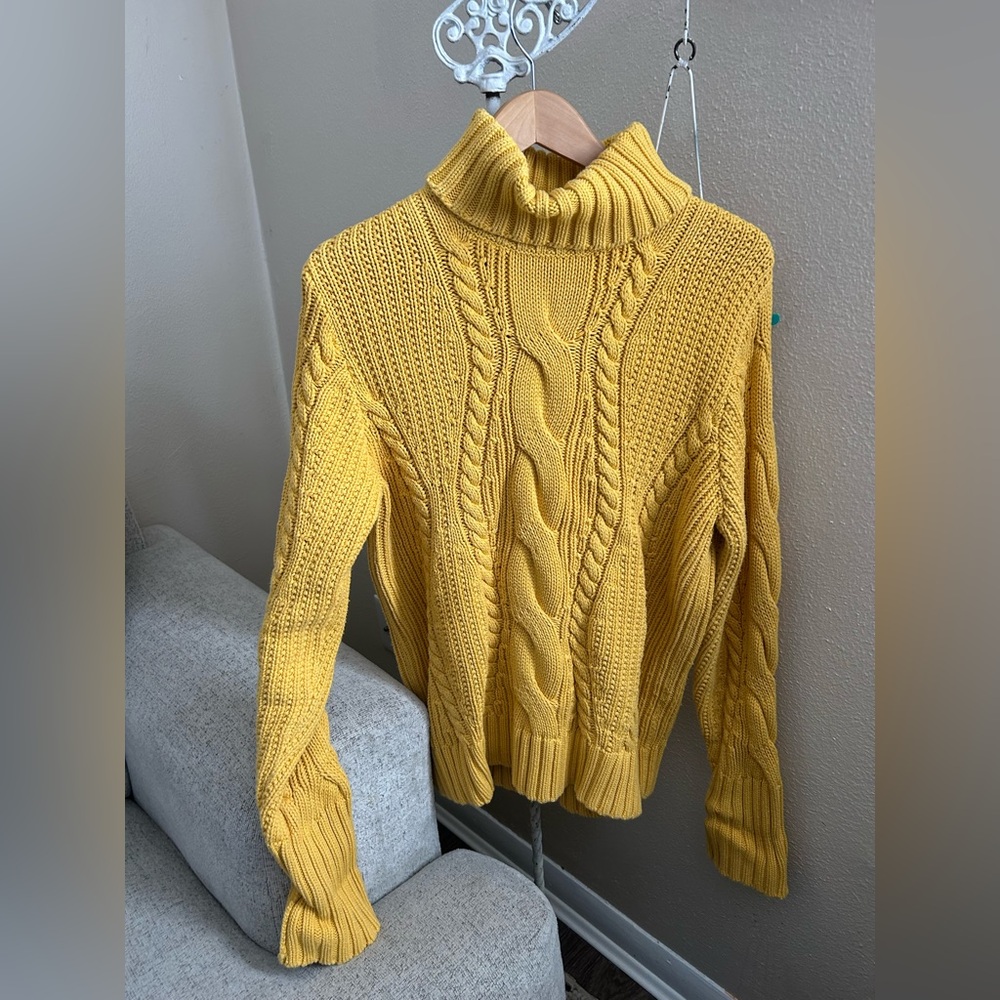 Lands' End Mustard Cable Knit Turtleneck Sweater heavy knit size large
